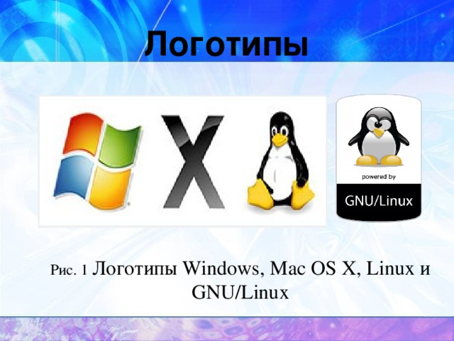 Логотипы Рис. 1 Логотипы Windows , Mac OS X, Linux и GNU/Linux