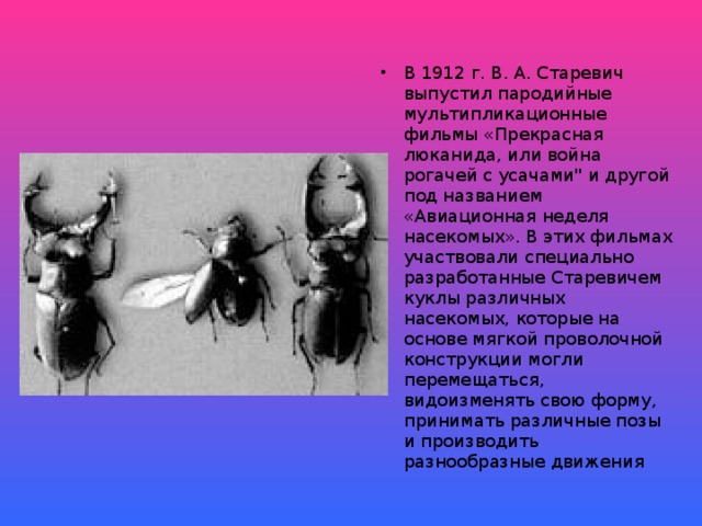 В 1912 г. В. А. Старевич выпустил пародийные мультипликационные фильмы «Прекрасная люканида, или война рогачей с усачами