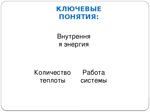 Ключевые понятия: Внутренняя энергия Количество теплоты Работа системы