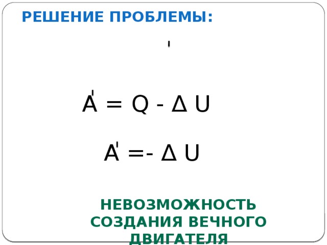 решение проблемы: A = Q - ∆ U A =- ∆ U Невозможность создания вечного двигателя