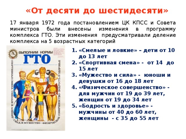 «От десяти до шестидесяти» 17 января 1972 года постановлением ЦК КПСС и Совета министров были внесены изменения в программу комплекса ГТО. Эти изменения предусматривали деление комплекса на 5 возрастных категорий