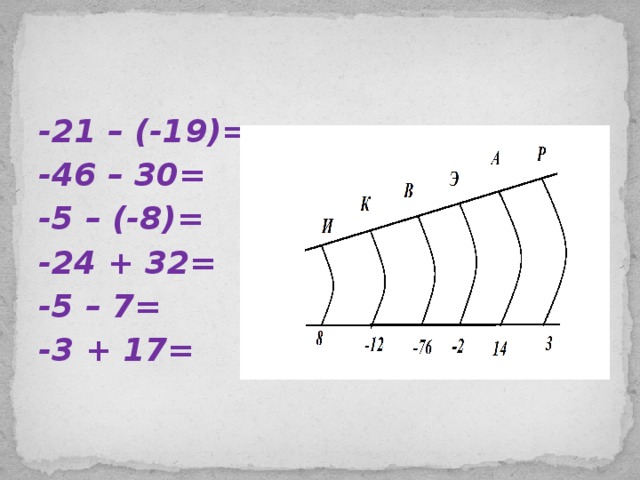 -21 – (-19)= -46 – 30= -5 – (-8)= -24 + 32= -5 – 7= -3 + 17=  