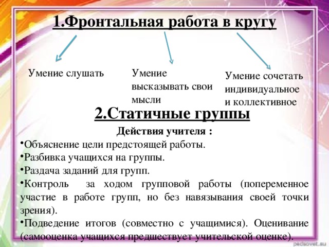 1.Фронтальная работа в кругу Умение слушать Умение высказывать свои мысли Умение сочетать индивидуальное и коллективное 2.Статичные группы Действия учителя :