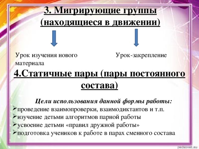 3. Мигрирующие группы (находящиеся в движении) Урок изучения нового материала Урок-закрепление 4.Статичные пары (пары постоянного состава) Цели использования данной формы работы: