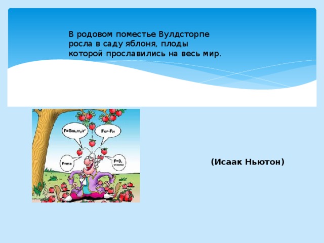 В родовом поместье Вулдсторпе росла в саду яблоня, плоды которой прославились на весь мир.    (Исаак Ньютон)