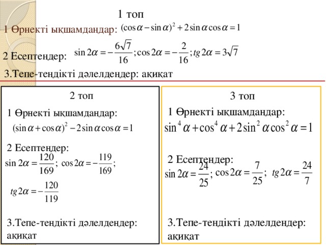 1 топ 1 Өрнекті ықшамдаңдар: 2 Есептеңдер: 3.Тепе-теңдікті дәлелдеңдер: ақиқат 2 топ 3 топ 1 Өрнекті ықшамдаңдар: 1 Өрнекті ықшамдаңдар: 2 Есептеңдер: 2 Есептеңдер: 3.Тепе-теңдікті дәлелдеңдер: ақиқат 3.Тепе-теңдікті дәлелдеңдер: ақиқат