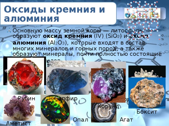 Оксиды кремния и алюминия Основную массу земной коры — литосферы — образуют  оксид кремния  (IV) (SiO 2 ) и оксид алюминия  (Аl 2 O 3 ),  которые входят в состав многих минералов и горных пород, а также образуют минералы, почти полностью состоящие из этих оксидов.  Кварц Кварцевый песок Кремнезем Рубин Сапфир Горный хрусталь Корунд Боксит Агат Опал Аметист