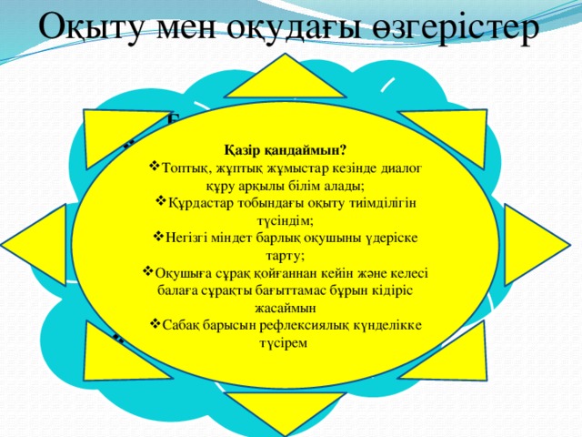 Оқыту мен оқудағы өзгерістер Қазір қандаймын? Топтық, жұптық жұмыстар кезінде диалог құру арқылы білім алады; Құрдастар тобындағы оқыту тиімділігін түсіндім; Негізгі міндет барлық оқушыны үдеріске тарту; Оқушыға сұрақ қойғаннан кейін және келесі балаға сұрақты бағыттамас бұрын кідіріс жасаймын Сабақ барысын рефлексиялық күнделікке түсірем  Бұрын қандай едім?