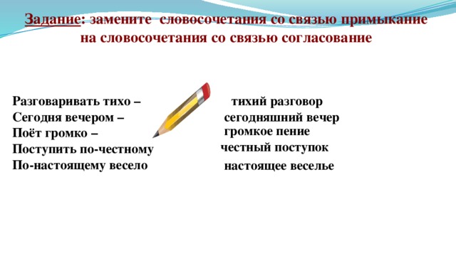 Задание : замените словосочетания со связью примыкание на словосочетания со связью согласование Разговаривать тихо – тихий разговор Сегодня вечером – Поёт громко – Поступить по-честному По-настоящему весело сегодняшний вечер громкое пение честный поступок настоящее веселье