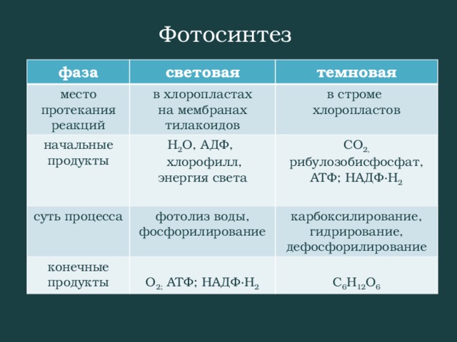 Фотосинтез фаза световая место протекания реакций темновая в хлоропластах начальные продукты на мембранах тилакоидов в строме Н 2 О, АДФ, суть процесса конечные продукты фотолиз воды, СО 2, рибулозобисфосфат, хлоропластов  хлорофилл, АТФ; НАДФ·Н 2 энергия света фосфорилирование карбоксилирование, гидрирование, О 2; АТФ; НАДФ·Н 2 дефосфорилирование С 6 Н 12 О 6