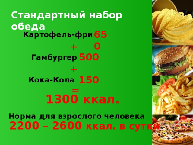 Стандартный набор обеда 650 Картофель-фри + 500 Гамбургер + 150 Кока-Кола = 1300 ккал. Норма для взрослого человека 2200 – 2600 ккал. в сутки