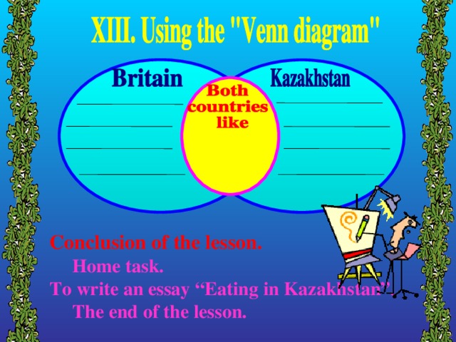 Conclusion of the lesson. Home task. Home task. To write an essay “Eating in Kazakhstan”. The end of the lesson.