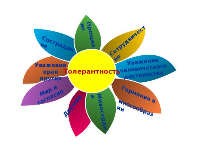 Сотрудничество Прощение Милосердие Сострадание Уважение человеческого достоинства Мир и согласие Гармония в Дружба  многообразии Толерантность Уважение прав других