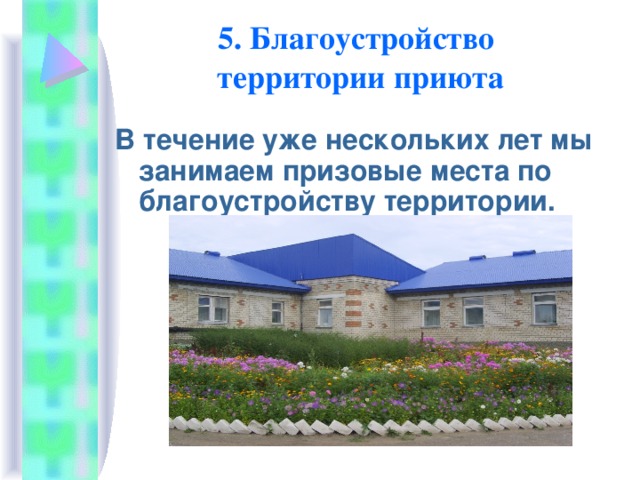 5. Благоустройство  территории приюта В течение уже нескольких лет мы занимаем призовые места по благоустройству территории.