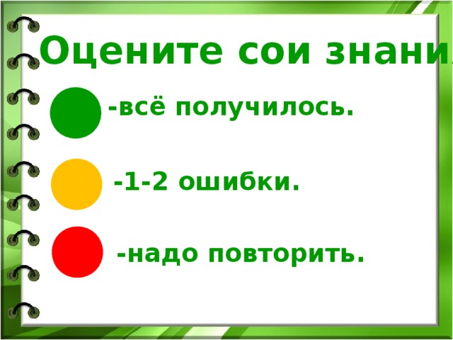 Оцените сои знания. -всё получилось. -1-2 ошибки. -надо повторить.