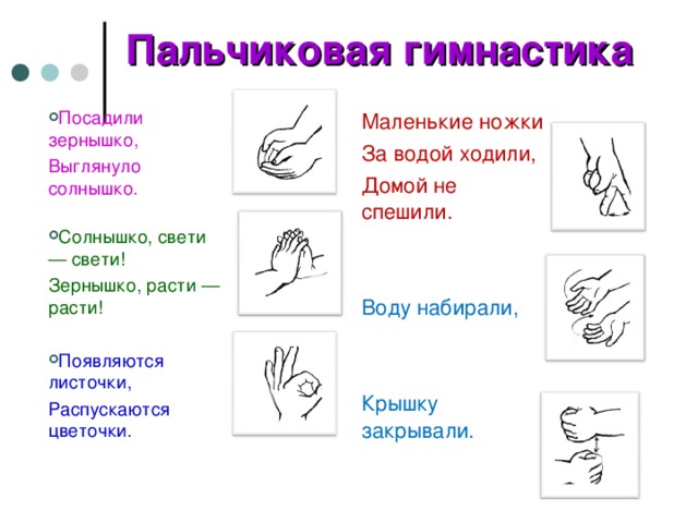 Пальчиковая гимнастика Посадили зернышко, Выглянуло солнышко.   Солнышко, свети — свети! Зернышко, расти — расти! Появляются листочки, Распускаются цветочки. Маленькие ножки За водой ходили, Домой не спешили. Воду набирали, Крышку закрывали.