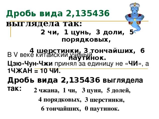 Дробь  вида 2,135436  выглядела так: 2 чи, 1 цунь, 3 доли, 5 порядковых, 4 шерстинки, 3 тончайших, 6 паутинок. В V веке китайский ученый Цзю-Чун-Чжи принял за единицу не « ЧИ » , а 1 ЧЖАН  =  10 ЧИ. Дробь  вида 2,135436 выглядела так: 2 чжана,  1 чи, 3 цуня, 5 долей, 4 порядковых, 3 шерстинки, 6 тончайших, 0  паутинок.