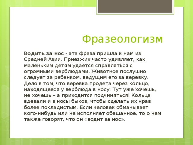 Фразеологизм В одить за нос  - эта фраза пришла к нам из Средней Азии. Приезжих часто удивляет, как маленьким детям удается справляться с огромными верблюдами. Животное послушно следует за ребенком, ведущим его за веревку. Дело в том, что веревка продета через кольцо, находящееся у верблюда в носу. Тут уже хочешь, не хочешь – а приходится подчиняться! Кольца вдевали и в носы быков, чтобы сделать их нрав более покладистым. Если человек обманывает кого-нибудь или не исполняет обещанное, то о нем также говорят, что он «водит за нос».