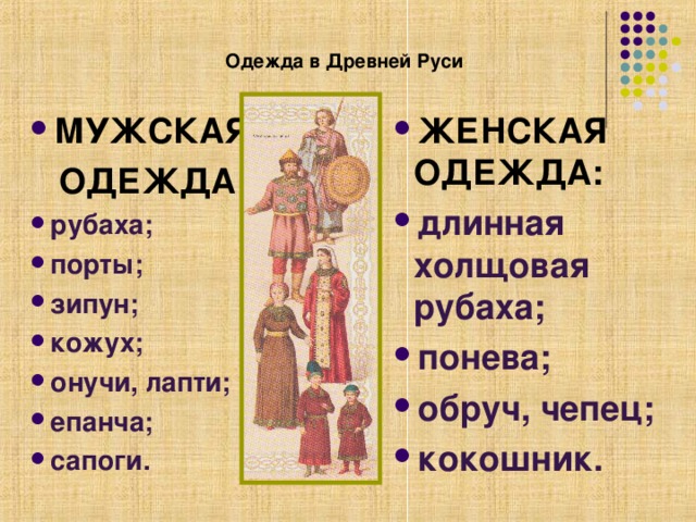 Одежда в Древней Руси ЖЕНСКАЯ ОДЕЖДА: длинная холщовая рубаха; понева; обруч, чепец; кокошник.   МУЖСКАЯ  ОДЕЖДА: