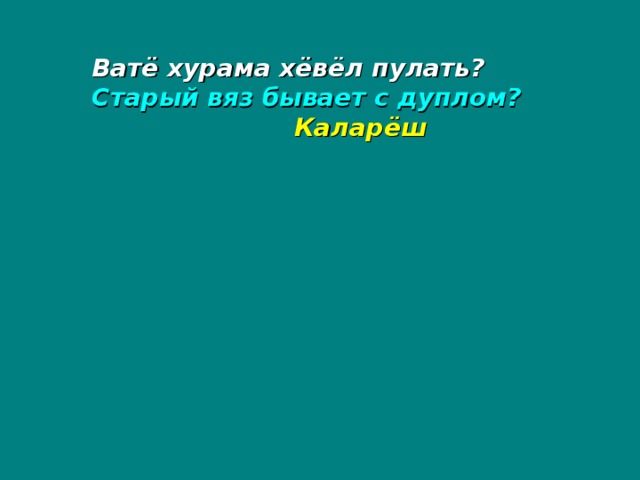 Ватё хурама хёвёл пулать? Старый вяз бывает с дуплом?   Каларёш