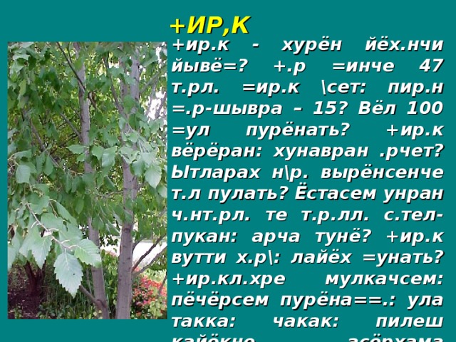 +ИР,К +ир.к - хурён йёх.нчи йывё=? +.р =инче 47 т.рл. =ир.к \сет: пир.н =.р-шывра – 15? Вёл 100 =ул пурёнать? +ир.к вёрёран: хунавран .рчет? Ытларах н\р. вырёнсенче т.л пулать? Ёстасем унран ч.нт.рл. те т.р.лл. с.тел-пукан: арча тунё? +ир.к вутти х.р\: лайёх =унать? +ир.кл.хре мулкачсем: пёчёрсем пурёна==.: ула такка: чакак: пилеш кайёкне асёрхама пулать?