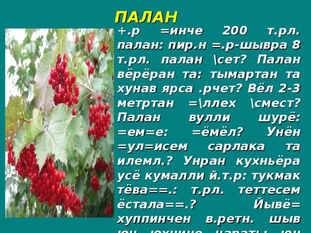 ПАЛАН +.р =инче 200 т.рл. палан: пир.н =.р-шывра 8 т.рл. палан \сет? Палан вёрёран та: тымартан та хунав ярса .рчет? Вёл 2-3 метртан =\ллех \смест? Палан вулли шурё: =ем=е: =ёмёл? Унён =ул=исем сарлака та илемл.? Унран кухньёра усё кумалли й.т.р: тукмак тёва==.: т.рл. теттесем ёстала==.? Йывё= хуппинчен в.ретн. шыв юн юхнине чарать: юн пусём. хёпарса кайнинчен те усёллё?