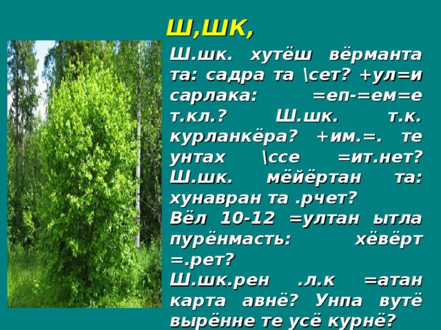 Ш,ШК, Ш.шк. хутёш вёрманта та: садра та \сет? +ул=и сарлака: =еп-=ем=е т.кл.? Ш.шк. т.к. курланкёра? +им.=. те унтах \ссе =ит.нет? Ш.шк. мёйёртан та: хунавран та .рчет? Вёл 10-12 =ултан ытла пурёнмасть: хёвёрт =.рет? Ш.шк.рен .л.к =атан карта авнё? Унпа вутё вырённе те усё курнё?