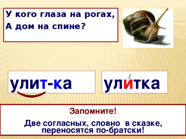 ( У кого глаза на рогах, А дом на спине? ул и тка / ули т - к а  Запомните!  Две согласных, словно в сказке, переносятся по-братски! Какое правило нужно знать, чтобы перенести это слово с одной строки на другую?