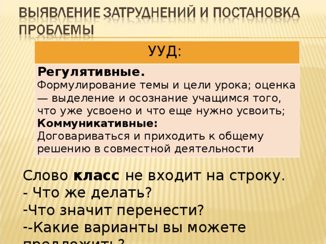 УУД: Регулятивные. Формулирование темы и цели урока; оценка — выделение и осознание учащимся того, что уже усвоено и что еще нужно усвоить; Коммуникативные: Договариваться и приходить к общему решению в совместной деятельности Слово класс не входит на строку. - Что же делать?