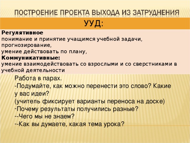 УУД: Регулятивное понимание и принятие учащимся учебной задачи, прогнозирование, умение действовать по плану, Коммуникативные: умение взаимодействовать со взрослыми и со сверстниками в учебной деятельности Работа в парах. -Подумайте, как можно перенести это слово? Какие у вас идеи? (учитель фиксирует варианты переноса на доске)