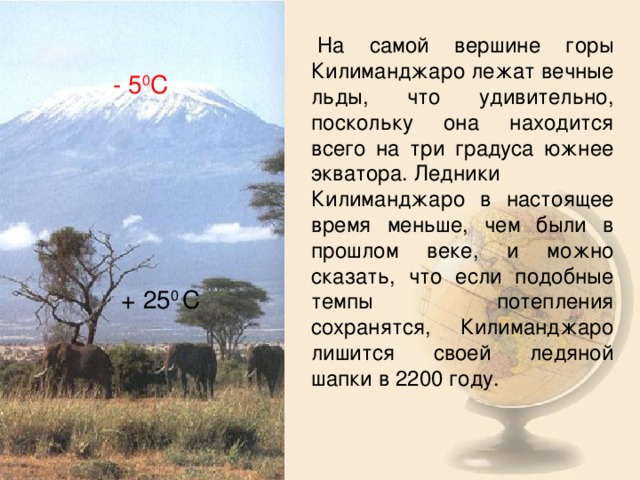   На самой вершине горы Килиманджаро лежат вечные льды, что удивительно, поскольку она находится всего на три градуса южнее экватора. Ледники Килиманджаро в настоящее время меньше, чем были в прошлом веке, и можно сказать, что если подобные темпы потепления сохранятся, Килиманджаро лишится своей ледяной шапки в 2200 году.    - 5 0 С + 25 0 С