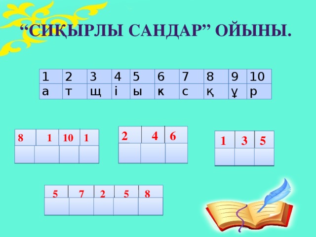 “ Сиқырлы сандар” ойыны. 1 а 2 т 3 4 щ і 5 ы 6 к 7 с 8 қ 9 10 ұ р  4 6  Т і к  1 10 1 Қ а р а  1 3 5 А щ ы  5 7 2 5 8 Ы с т ы қ