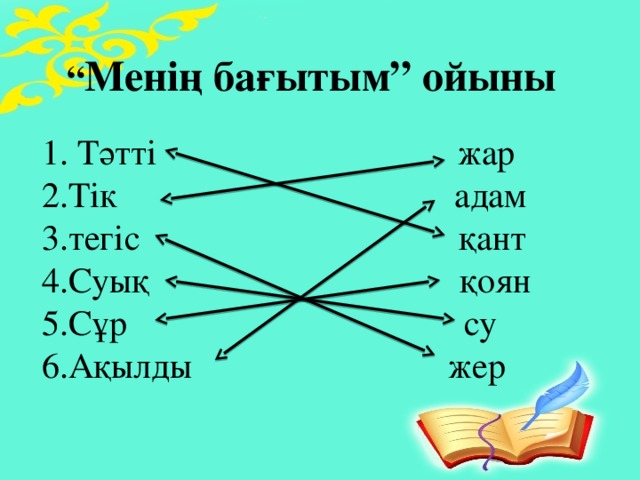 “ Менің бағытым” ойыны 1. Тәтті                                 жар 2.Тік                                     адам 3.тегіс                                    қант 4.Суық                                   қоян 5.Сұр                                     су 6.Ақылды                             жер