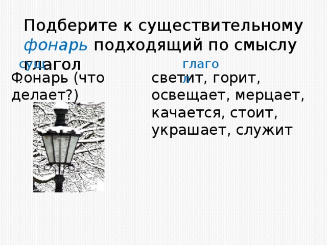 Подберите к существительному фонарь подходящий по смыслу глагол сущ . глагол Фонарь (что делает?) светит, горит, освещает, мерцает, качается, стоит, украшает, служит