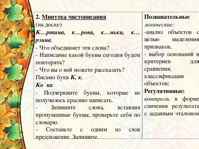 2. Минутка чистописания (на доске) К…ртина, к…рова, к…ньки, к…рзина . - Что объединяет эти слова? - Написание какой буквы сегодня будем повторять? - Что вы о ней можете рассказать? Письмо букв К, к. Ко ка - Подчеркните буквы, которые не получилось красиво написать. - Запишите слова, вставляя пропущенные буквы, проверьте себя по словарю. - Составьте с одним из слов предложение. Запишите. Познавательные логические:  -анализ объектов с целью выделения признаков, - выбор оснований и критериев для сравнения, классификации объектов; Регулятивные: контроль в форме сличения результата с заданным эталоном