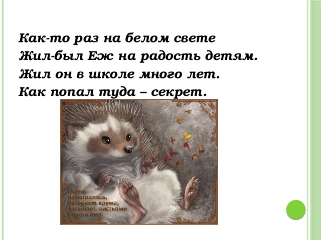 Как-то раз на белом свете Жил-был Еж на радость детям. Жил он в школе много лет. Как попал туда – секрет.