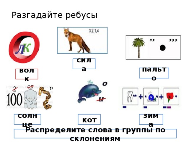 Разгадайте ребусы   сила пальто волк зима солнце кот Распределите слова в группы по склонениям