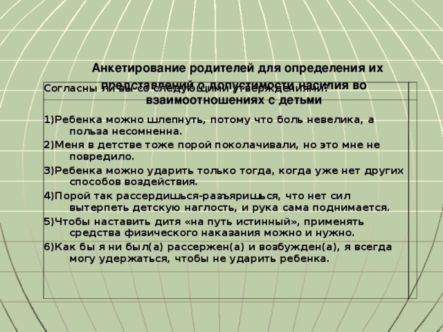 Анкетирование родителей для определения их представлений о допустимости насилия во взаимоотношениях с детьми   Согласны ли вы со следующими утверждениями?  1)Ребенка можно шлепнуть, потому что боль невелика, а польза несомненна. 2)Меня в детстве тоже порой поколачивали, но это мне не повредило. 3)Ребенка можно ударить только тогда, когда уже нет других способов воздействия. 4)Порой так рассердишься-разъяришься, что нет сил вытерпеть детскую наглость, и рука сама поднимается. 5)Чтобы наставить дитя «на путь истинный», применять средства физического наказания можно и нужно. 6)Как бы я ни был(а) рассержен(а) и возбужден(а), я всегда могу удержаться, чтобы не ударить ребенка.