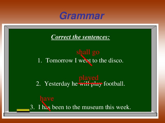 Grammar Correct the sentences : Tomorrow I went to the disco.  Yesterday he will play football.  I has been to the museum this week. shall go played have