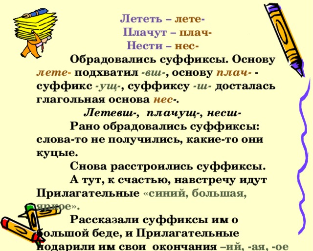 Лететь – лете -  Плачут – плач- Нести – нес-  Обрадовались суффиксы. Основу лете - подхватил -вш- , основу плач- - суффикс -ущ- , суффиксу -ш- досталась глагольная основа нес -. Летевш-, плачущ-, несш-  Рано обрадовались суффиксы: слова-то не получились, какие-то они куцые.  Снова расстроились суффиксы.  А тут, к счастью, навстречу идут Прилагательные «синий, большая, яркое».  Рассказали суффиксы им о большой беде, и Прилагательные подарили им свои окончания –ий, -ая, -ое