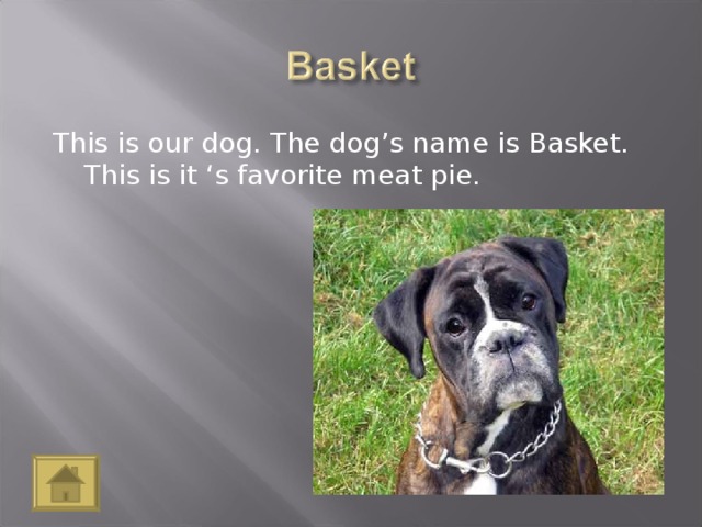 This is our dog. The dog’s name is Basket. This is it ‘s favorite meat pie.
