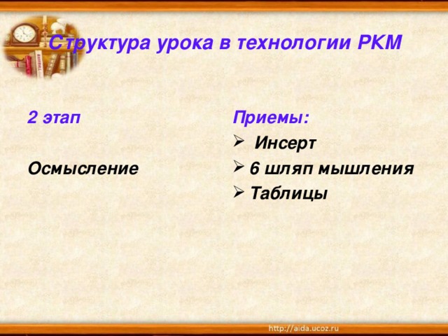 Структура урока в технологии РКМ  2 этап   Приемы: Осмысление  Инсерт 6 шляп мышления Таблицы