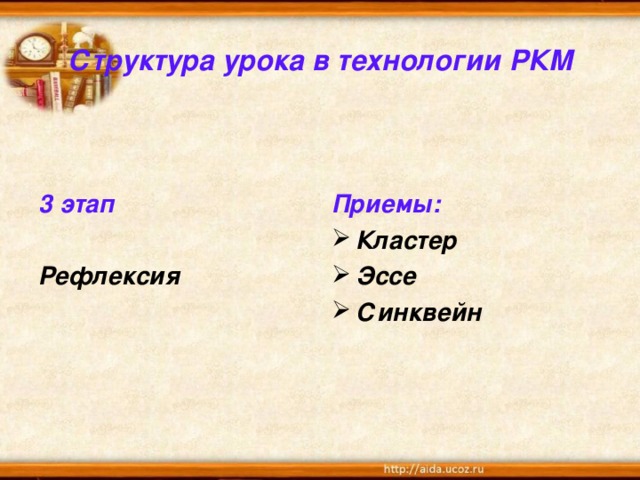 Структура урока в технологии РКМ   3 этап   Приемы: Рефлексия