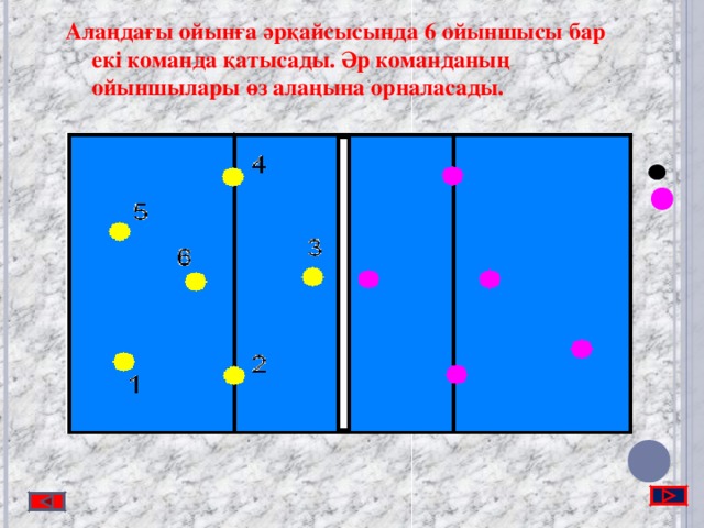 Алаңдағы ойынға әрқайсысында 6 ойыншысы бар екі команда қатысады. Әр команданың ойыншылары өз алаңына орналасады.