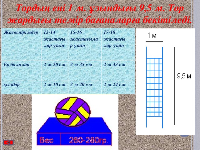 Тордың ені 1 м. ұзындығы 9,5 м. Тор жардығы темір бағаналарға бекітіледі. Жасөспірімдер 13-14 жастағы лар үшін Ер балалар 15-16 жастағылар үшін 2 м 20 см қыздар 17-18 жастағы лар үшін 2 м 35 см 2 м 10 см 2 м 43 см 2 м 20 см 2 м 24 см