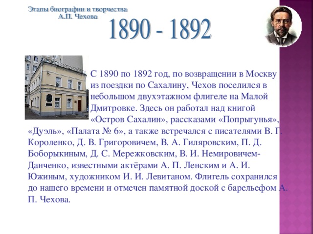 С 1890 по 1892 год, по возвращении в Москву   из поездки по Сахалину, Чехов поселился в    небольшом двухэтажном флигеле на Малой    Дмитровке. Здесь он работал над книгой    «Остров Сахалин», рассказами «Попрыгунья», «Дуэль», «Палата № 6», а также встречался с писателями В. Г. Короленко, Д. В. Григоровичем, В. А. Гиляровским, П. Д. Боборыкиным, Д. С. Мережковским, В. И. Немировичем-Данченко, известными актёрами А. П. Ленским и А. И. Южиным, художником И. И. Левитаном. Флигель сохранился до нашего времени и отмечен памятной доской с барельефом А. П. Чехова.
