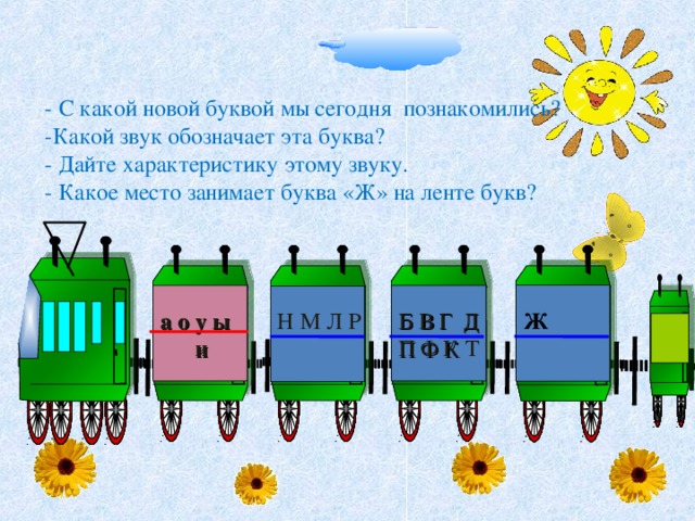 - С какой новой буквой мы сегодня познакомились? -Какой звук обозначает эта буква? - Дайте характеристику этому звуку. - Какое место занимает буква «Ж» на ленте букв? Ж  Б В Г Д П Ф К Т а о у ы  и Н М Л Р 13