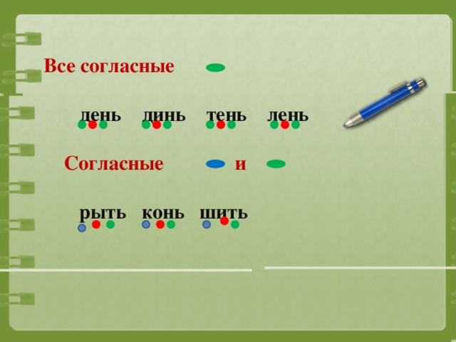 Все согласные     день динь тень лень  Согласные  и   рыть конь шить