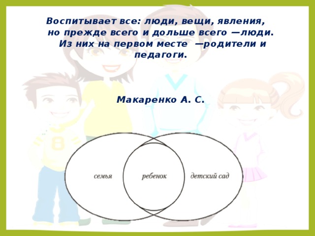 Воспитывает все: люди, вещи, явления,  но прежде всего и дольше всего —люди.  Из них на первом месте —родители и педагоги.    Макаренко А. С.