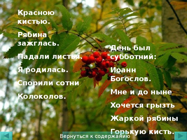 Красною кистью. Рябина зажглась. Падали листья. Я родилась. Спорили сотни Колоколов. День был субботний: Иоанн Богослов. Мне и до ныне Хочется грызть Жаркой рябины Горькую кисть. 1916 Вернуться к содержанию